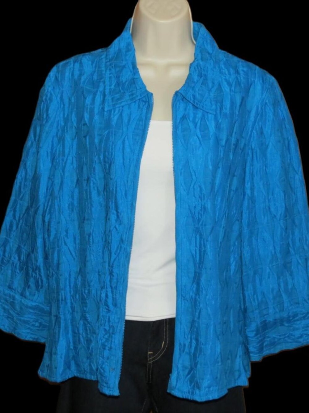Laura Ashley Blue Jacket Zip ¾ Sleeve Lightweight Quilted Cotton/Linen Size Med